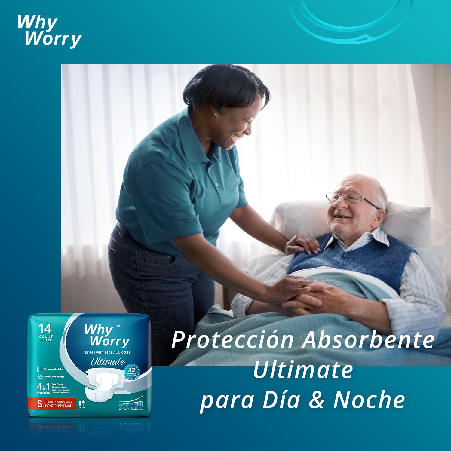 WhyWorry Ultimate Pañales Adultos Unisex para Incontinencia Severa, Bragas Absorbentes Desechables con Máxima Absorción, Mujeres y Hombres, Antiolor, Talla M, 14 Unidades