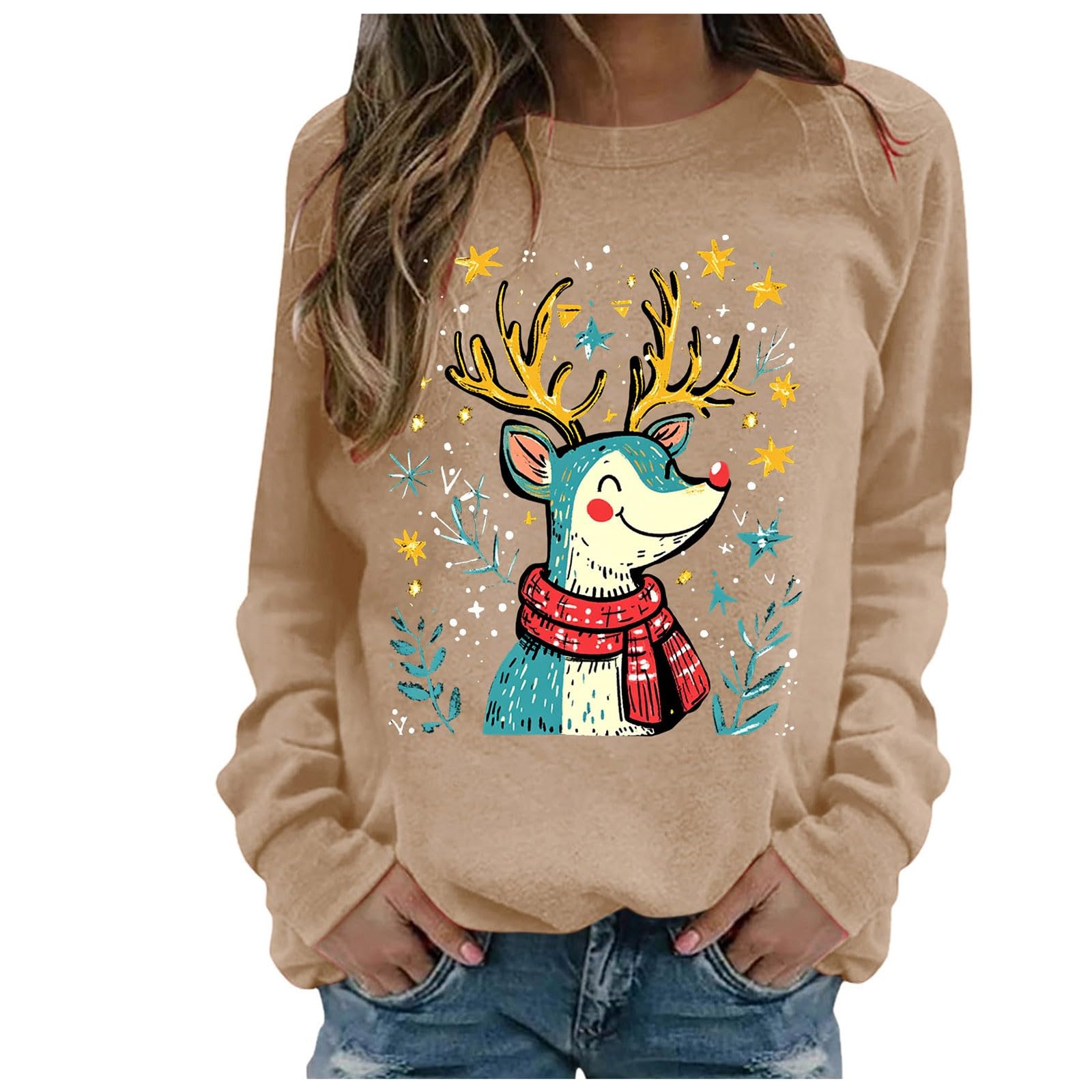 Damen Oversize Pullover Pullover Langarm Herbst Weihnachten Hirsch Kopf Gedruckt Rundhals