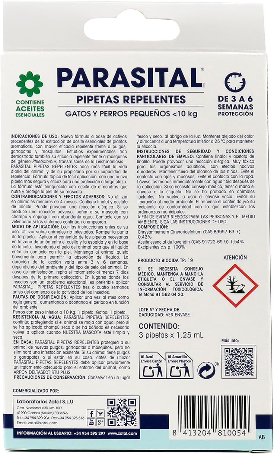 Zotal Petites pipettes ciens et chats jusqu'à 10 kg 3 pipettes anti parasites 100 % composants naturels spécial Leishmaniose puces et tiques, 1 mois de protection garanti.