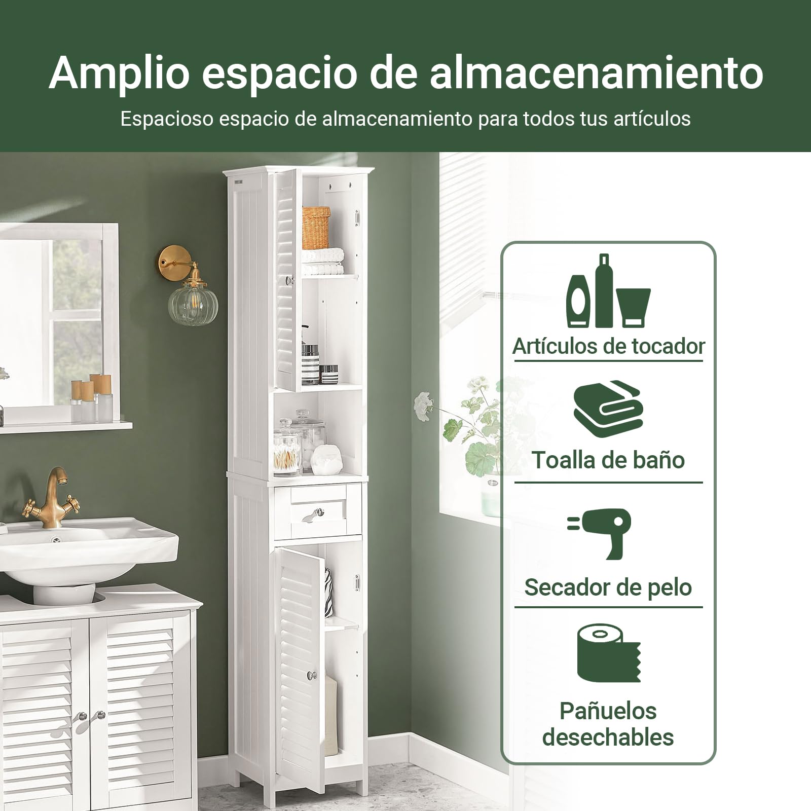 SoBuy Mueble Columna Baño Estrecho Blanco – Armario Alto Auxiliar con 2 Puertas, Cajón y Estante Abierto Mueble de Baño Estrecho para Lavadero Aseo o Espacios Reducidos 32x170x30cm FRG236-W
