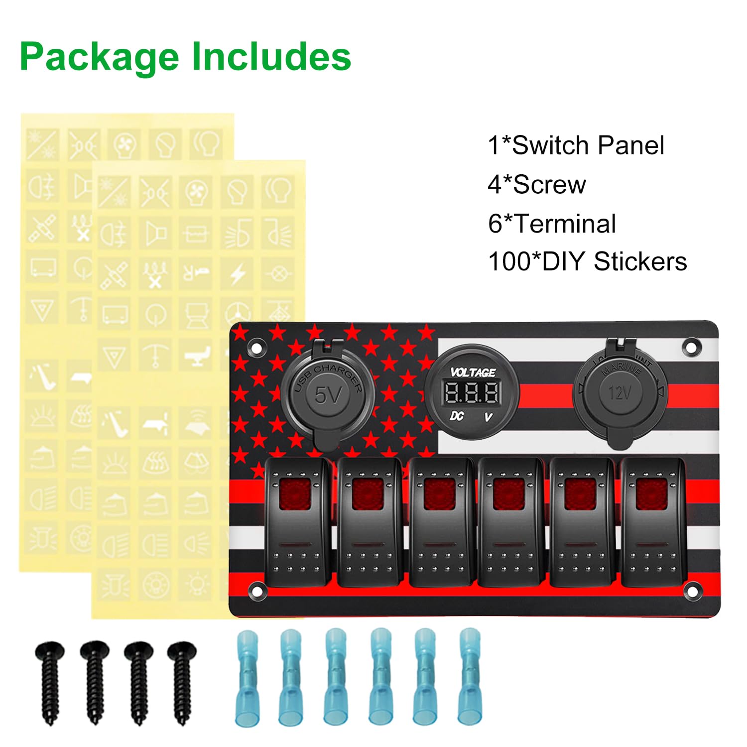 6 Gang Aluminum Switch Panel with American Flag Pattern 6Pin ON/Off Toggle Switch with 5V/4.8A Dual USB Car Charger Digital Voltmeter and Power Socket Waterproof Panel for Boat Car RV (Red)