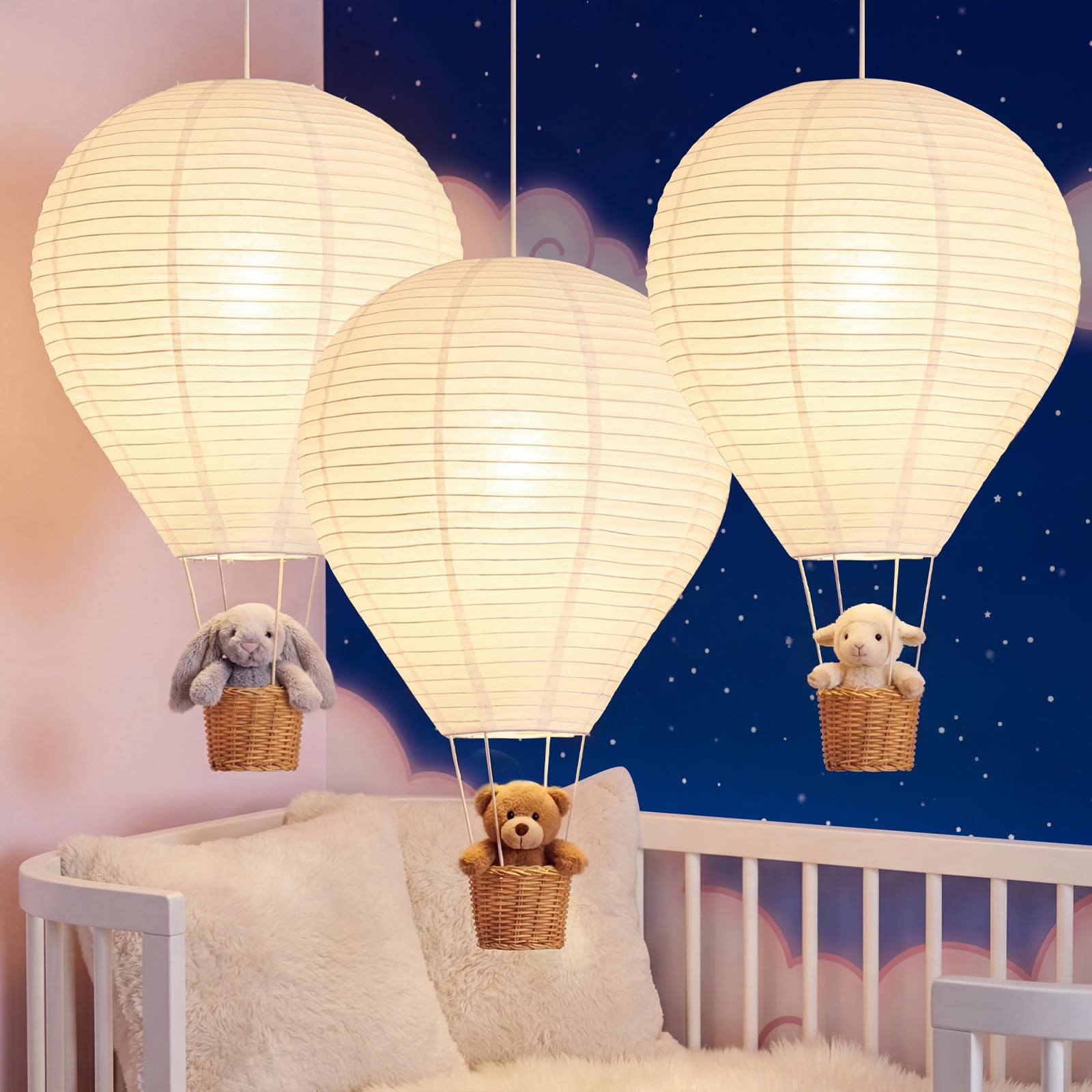 Photo 1 of Baquler 3 Pcs Hot Air Balloon Lampshade 14 Inch Hanging Hot Air Balloon Decorations White Linen Fabric Lamp Shades Gifts for Nursery Kids Living Room Baby Shower Party Decor, Lights Not Included