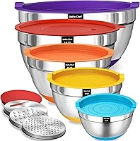 Vista 10 de Umite Chef, juego de 8 cuencos para mezclar con tapas herméticas, cuencos anidados de acero inoxidable color caqui con accesorios para rallar