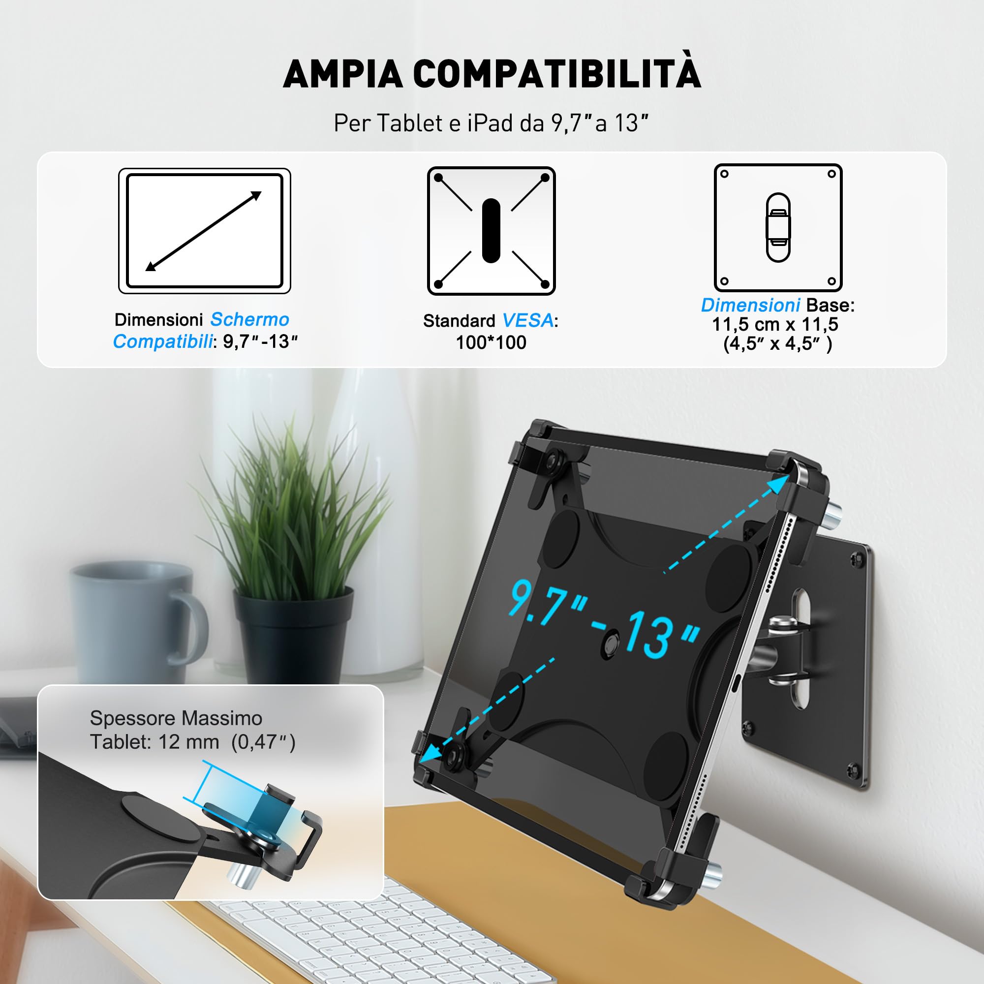 AboveTEK Supporto da parete per tablet, supporto antifurto per iPad per schermi da 9,7" a 13", adatto per display POS commerciali, rotazione e inclinazione regolabili a 360°, supporto VESA-Nero