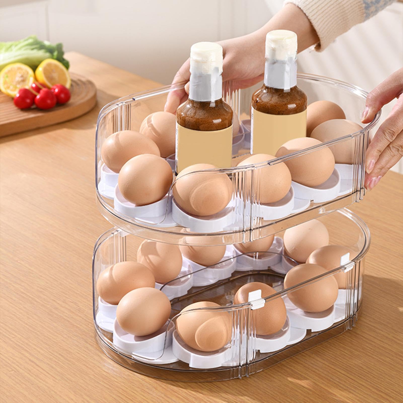 Organizador de Huevos para y Frigorífico Transparente de 2 Capas Apilable y
