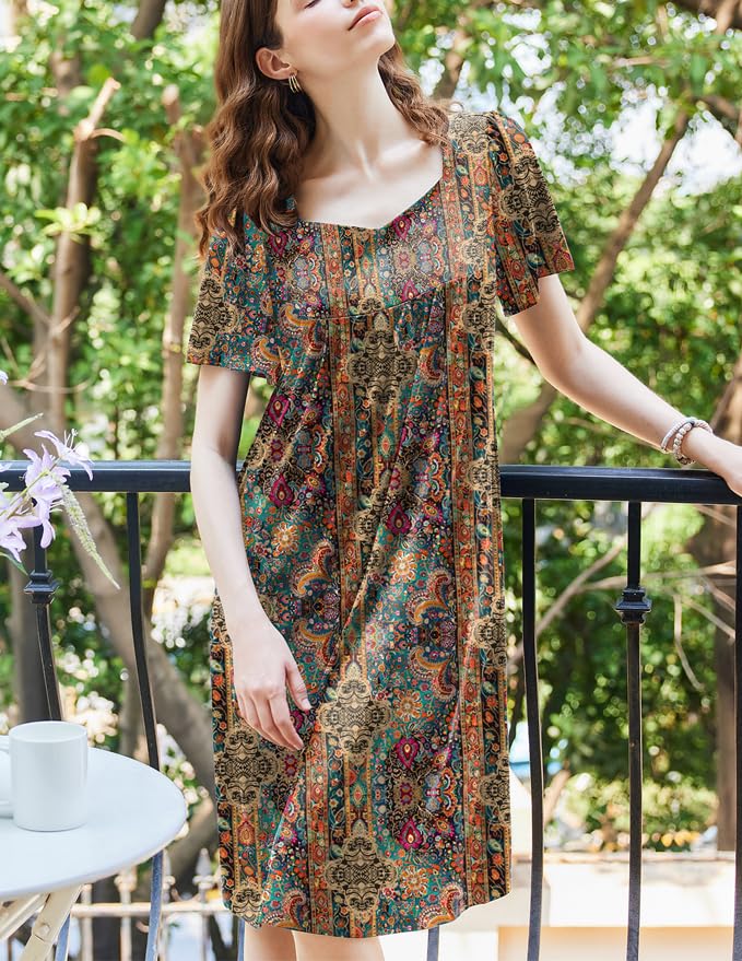 Image of Ekouaer Women's House Dress - Pleated Nightgown with Short Sleeves & Pockets