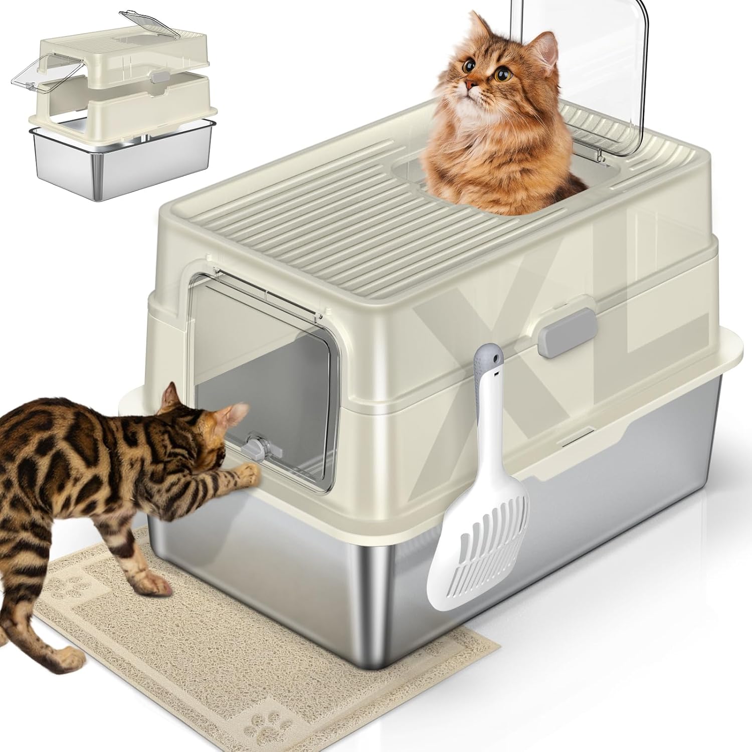 Stainless Steel Cat Litter Box with Lid, XL Extra Large Litter Box for Big Cats, 3-in-1 Enclosed Metal Litter Box with High Wall Sides Enclosure & Scoop Mat, Anti-Leakage, Non-Sticky, Easy Cleaning