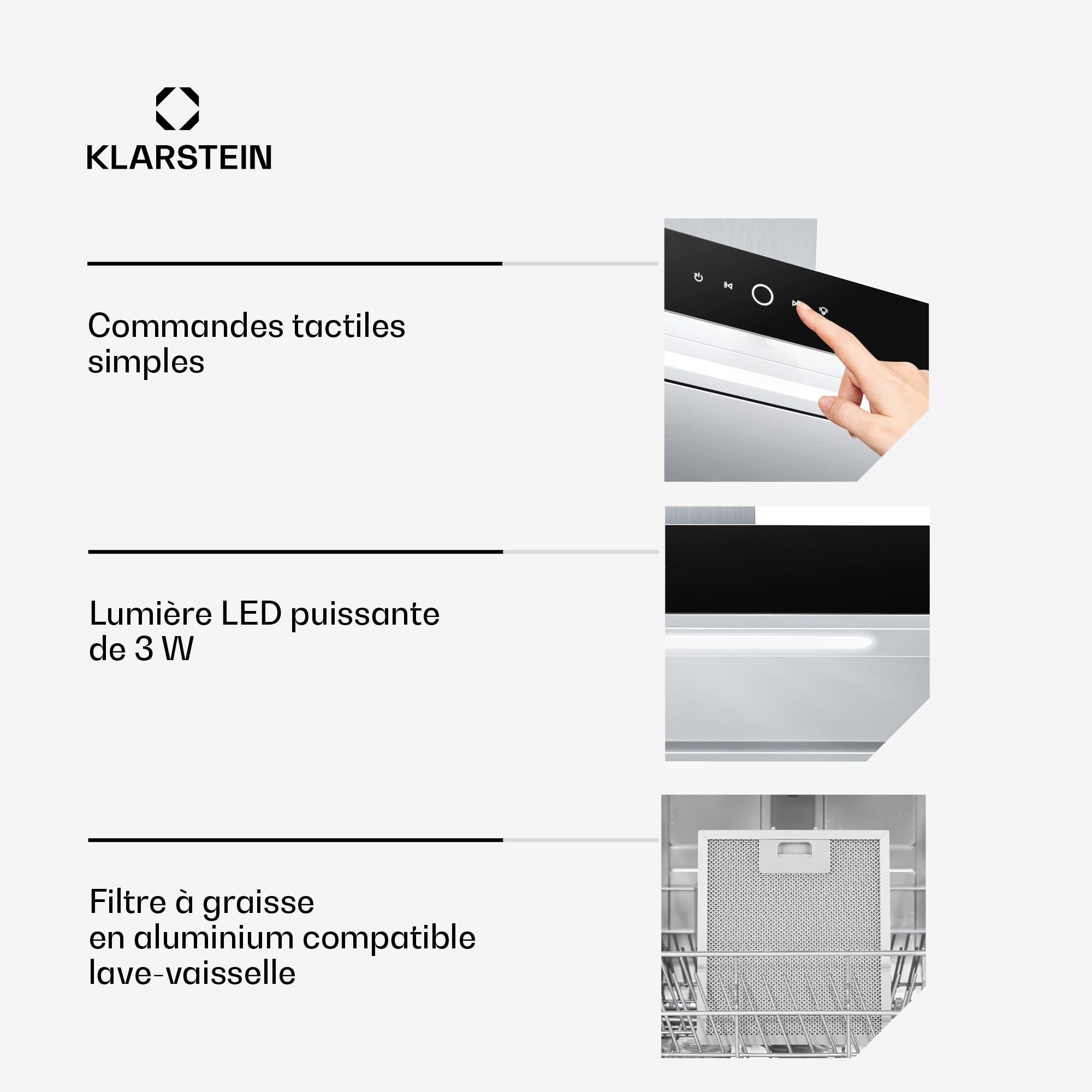 Klarstein SmartEdge Hotte Aspirante - 90 cm, Wi-Fi, 550 m³/h, CEE A+, LED, Silencieuse 34 dB, Tactile, Hotte Cuisine, Inox