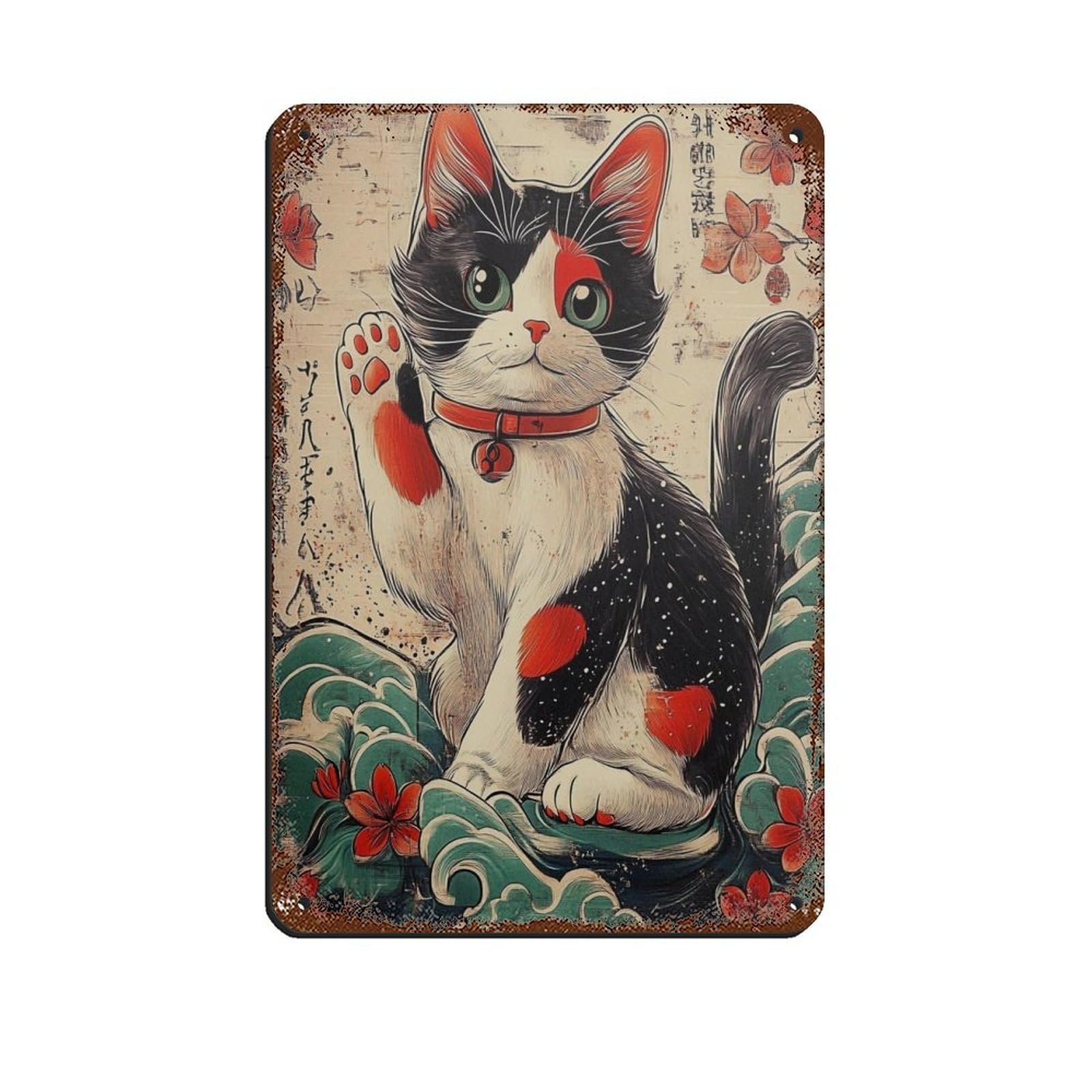 Lxwnze 20L X 30W Cm Japanesecute Kitten Waving Paws Tin Sign Vintage Metal Pub Club Cafe Bar Home Wall Art Decoration Poster Retro 8X12inch(20X30cm)
