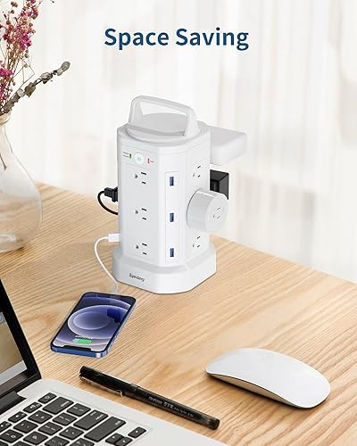 Miniatura 9 de SUPERDANNY Torre de regleta de alimentación blanca de 12 CA y 6 USB, con cable de mango retráctil y negro 9AC 4 USB, torre protectora de