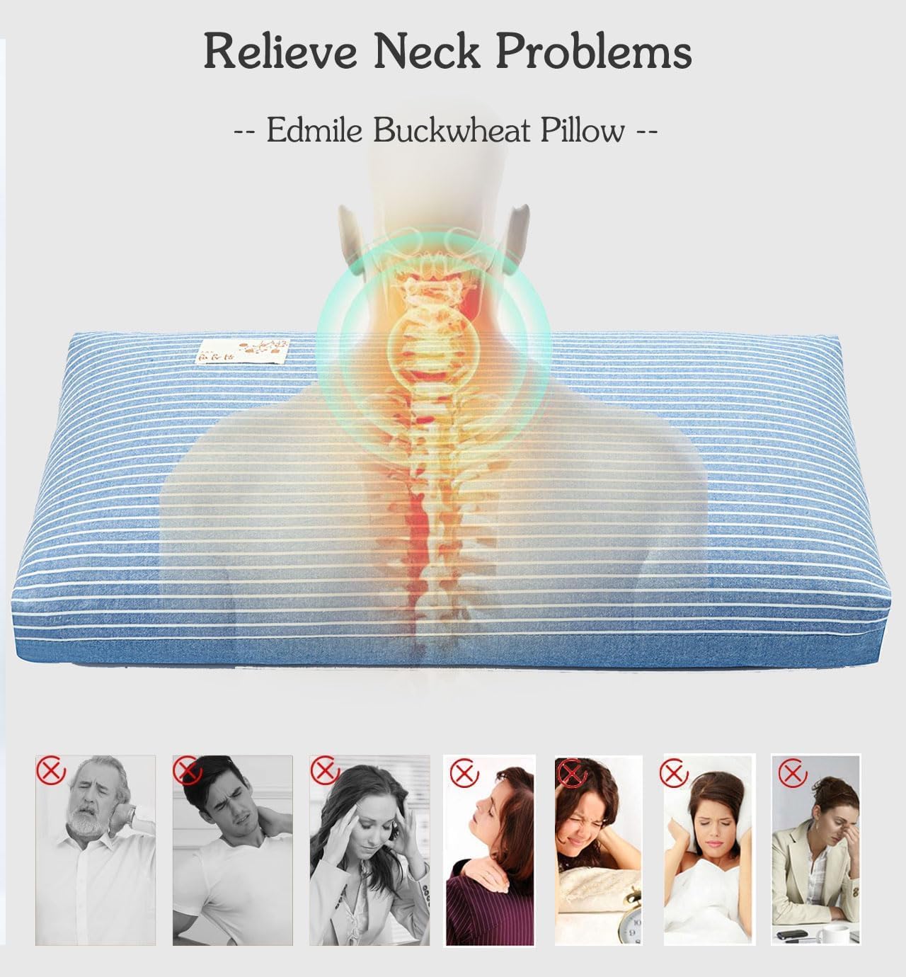 Buckwheat Pillows for Sleeping, Adjustable Hulls Firm Pillow Neck Head Back Shoulder Support for Pain Relief, Small Bed Pillow for Side Back Sleepers, Blue 19"X11" - Image 6