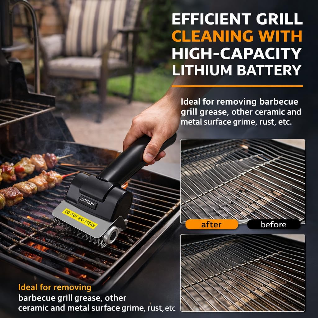Spazzola elettrica senza fili per barbecue, strumento di pulizia con rullo in acciaio con batteria ricaricabile da 2000 mAh, detergente multiuso per interni, guanti inclusi