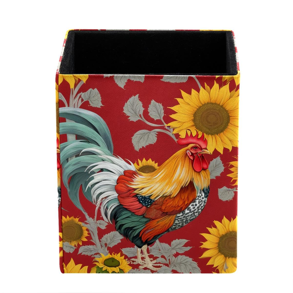 HEOEH Rooster Sunflower Pen Holder Pen Pot, Square Pencil Cup for Desk