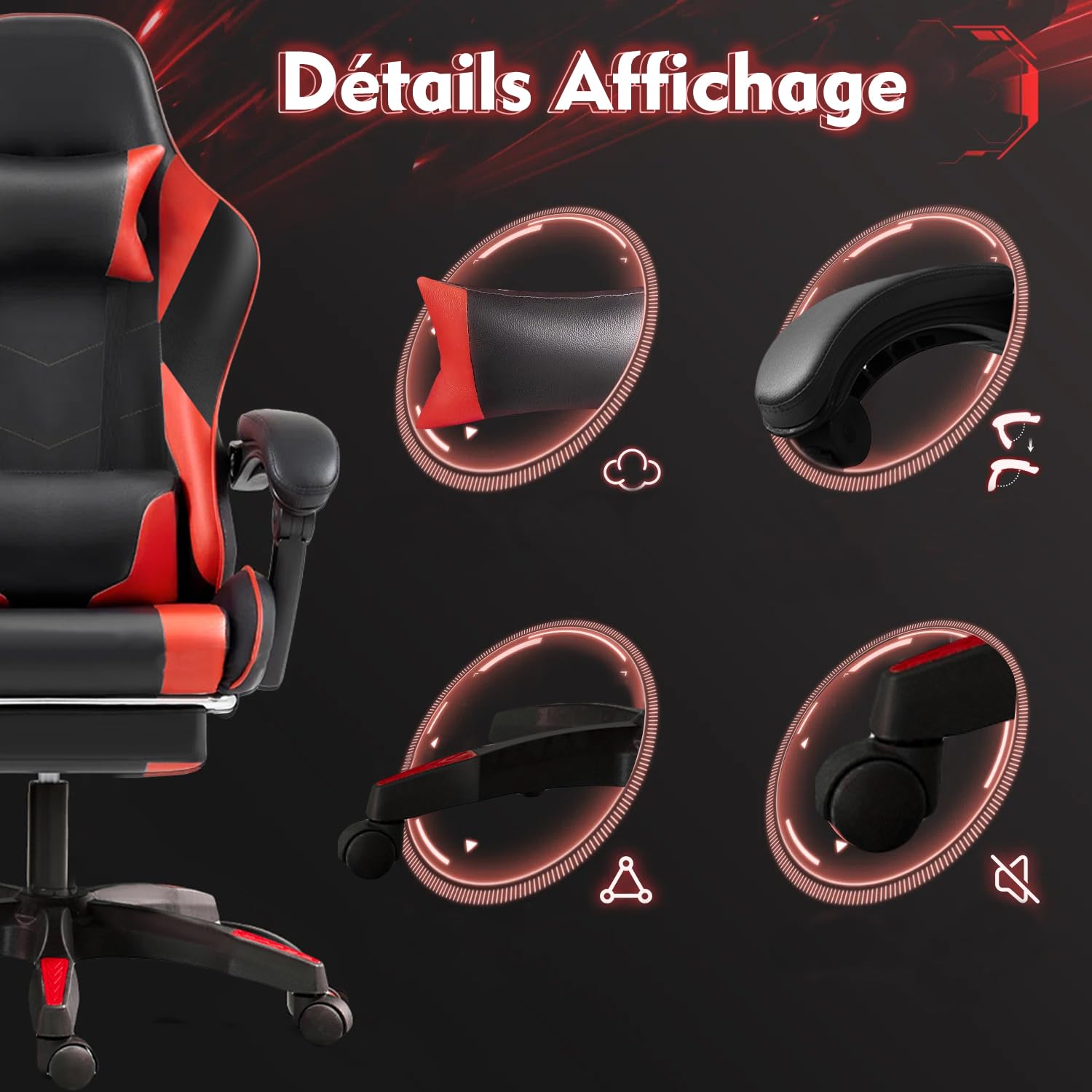 Frixovel Chaise Gaming, Siège de Bureau réglable, Fauteuil Gaming avec Repose-Pieds télescopique (Noir et Rouge)