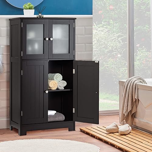 Miniatura 2 de LOKO Armario de piso de baño armario de almacenamiento independiente con puertas de cristal armario de cocina de madera con estante ajustable