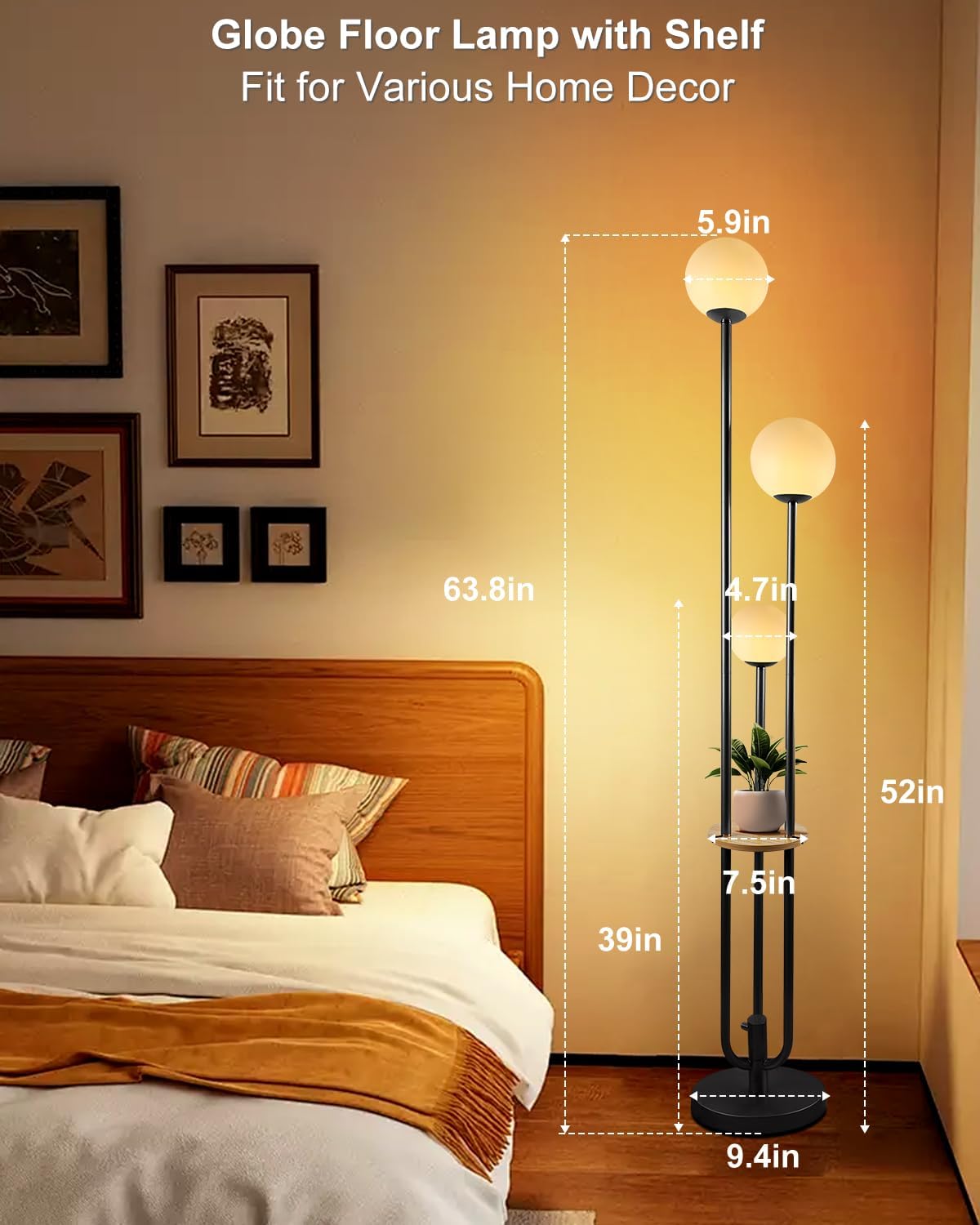 Lightdot Full Dimmable Floor Lamp for Living Room 3-Globe Standing Lamp with Table Candle Holder Style Black Tall Lamps for Bedroom/Sofa Beside/Corner Decor with 3000K Soft Warmwhite Bulbs Included