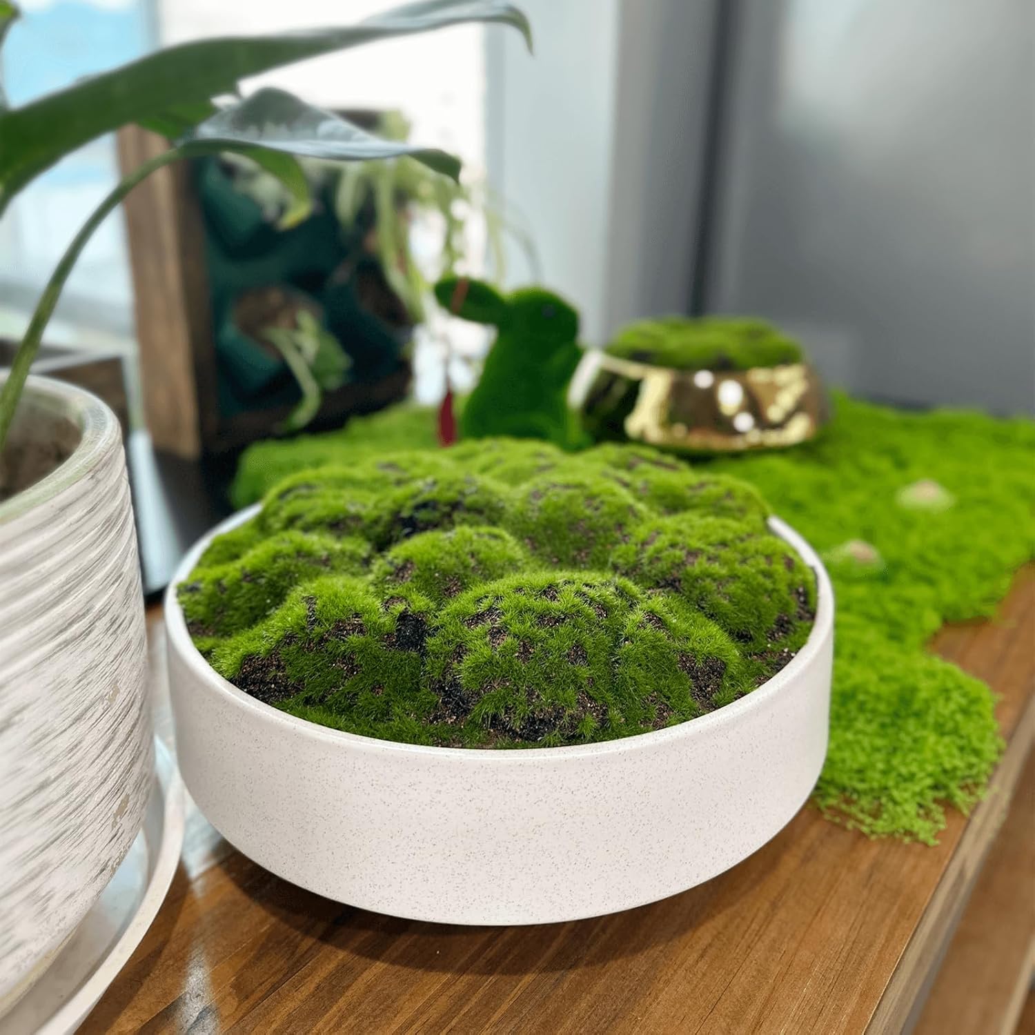 NAHARO New Moss Bowl, Handmade Ceramic Bowl. 11" Artificial Moss Centerpiece for Home Decoration, Living Room, Office