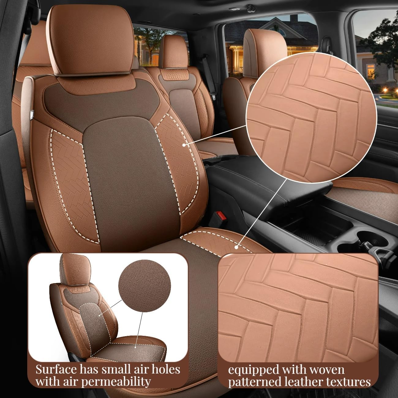 Red Rain Brown Leather Dodge Ram 1500 Seat Cover 2019 to 2025 Crew, Mega Cab, Luxury Custom Fit Car Seat Cover with Flat Bench (Dodge-Brown+Orange-2019/2025)