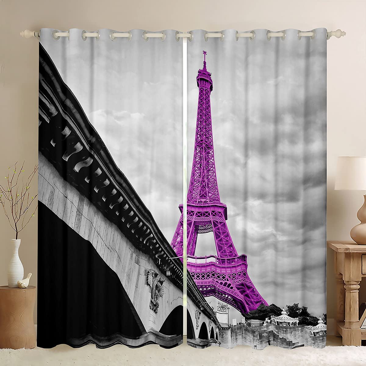 Cortinas de Ventana de la Torre Eiffel para niños, para Dormitorio, Sala de Estar, París, niñas, Color Morado, Torre Eiffel, Cortinas de Ventana de Puente Francés, Color Gris, Cortinas románticas par