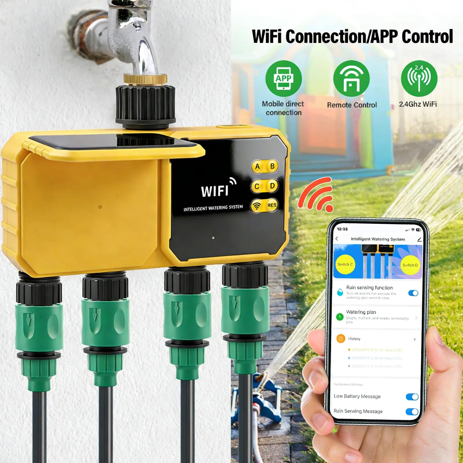 Hyuduo Sprinkler-Timer, 4-Zonen-Solar-WiFi-Wassertimer mit APP-Fernbedienung, Regenerkennungsfunktion, 90° Verstellbares Bedienfeld für die Rasen- und Gartenbewässerung (Zollgewinde 3/4")