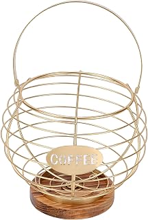 Coffee Pod Holder with Wooden Base (Gold) | Metal construction, spacious storage, convenient handle, organizes pods, tea bags