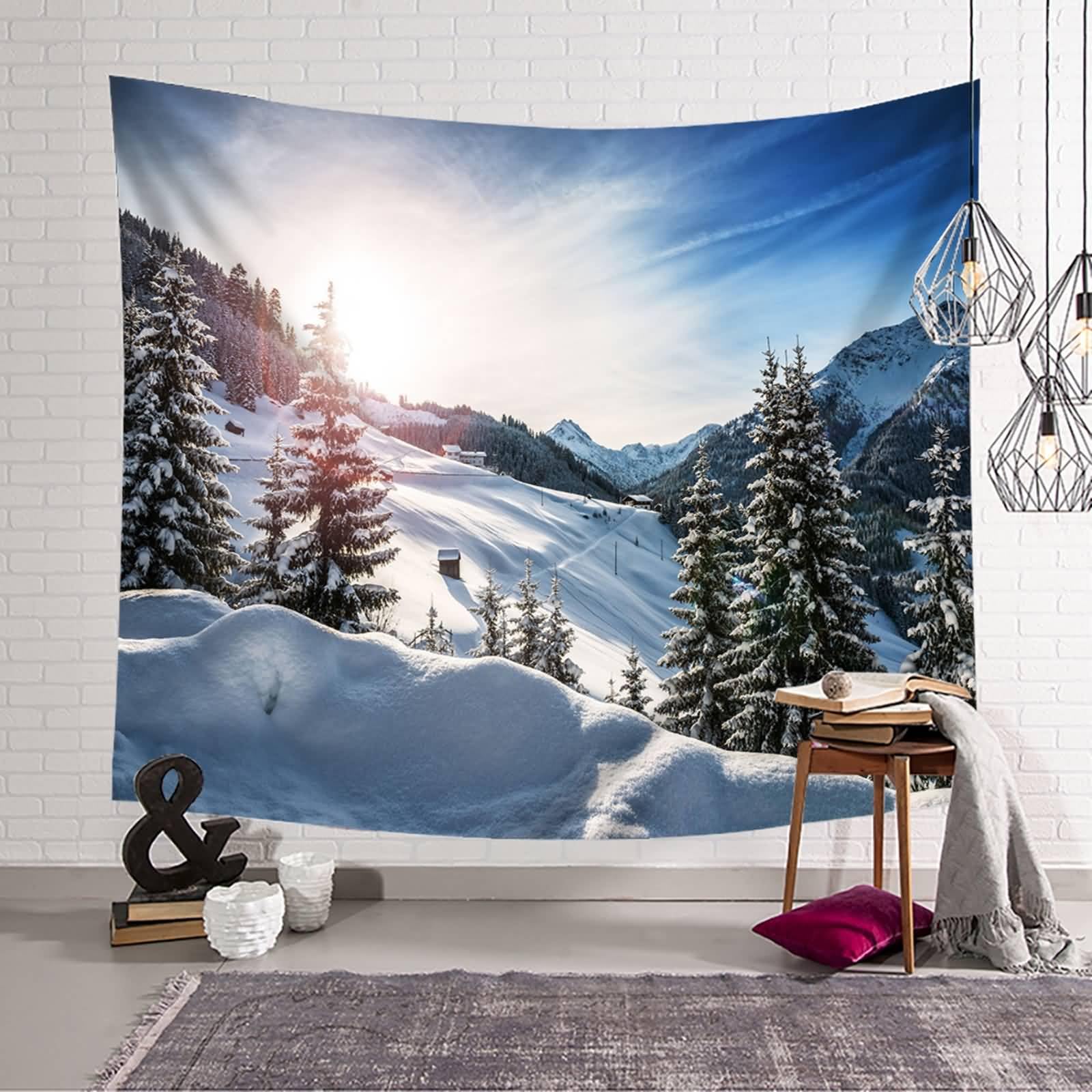 Natur Tapisserie Wandbehang | Polyester Natürlicher Baum Berg Schnee Winterlandschaft Wanddeko für Schlafzimmer Wohnzimmer | Grau Blau Grün, 350x256cm
