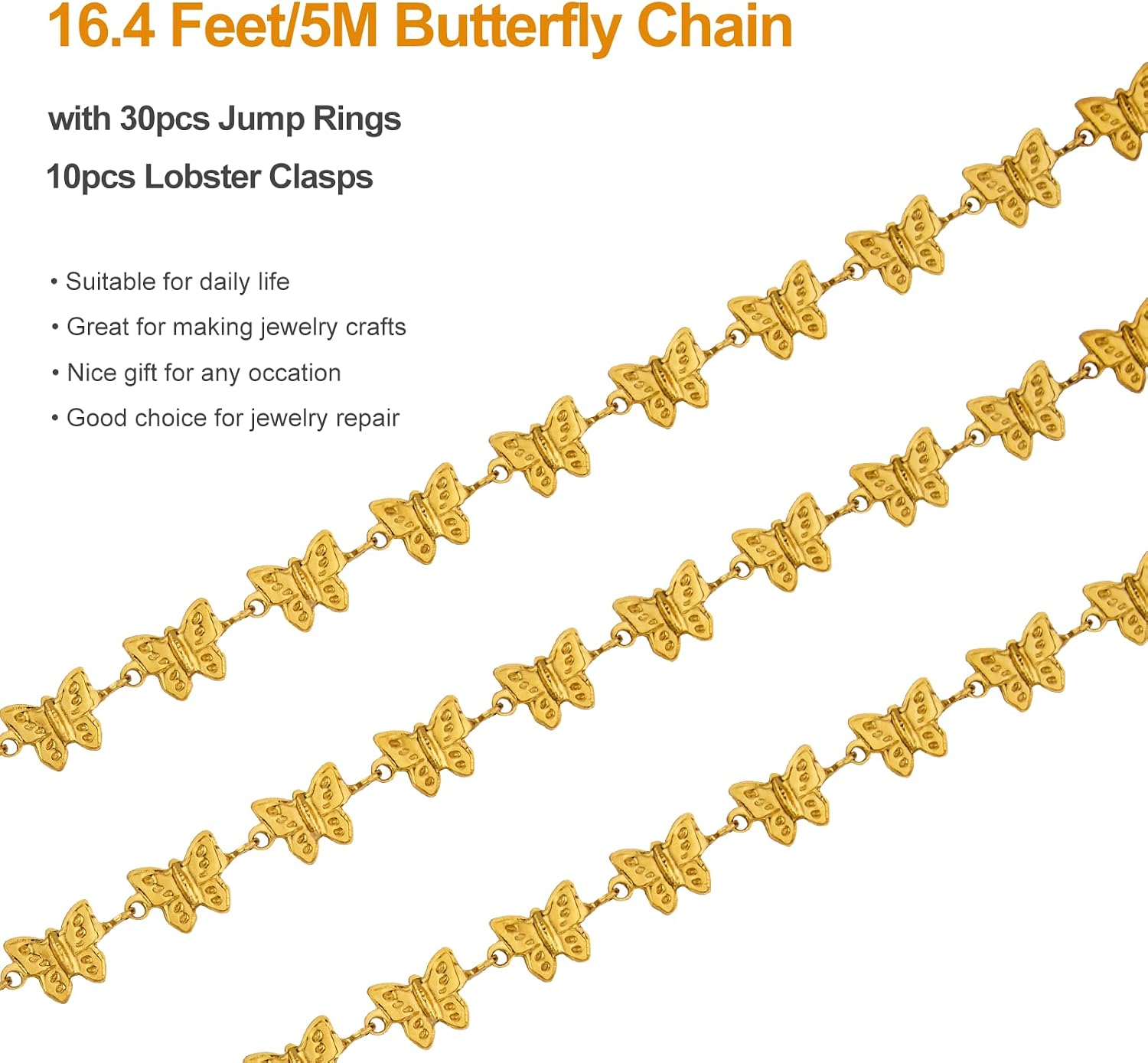 Kyutong 5 Meters Gold Chains for Jewelry Making Lovely Butterfly Chain Links Stainless Steel Necklace Bulk with Lobster Clasps and Jump Rings Jewelry Findings