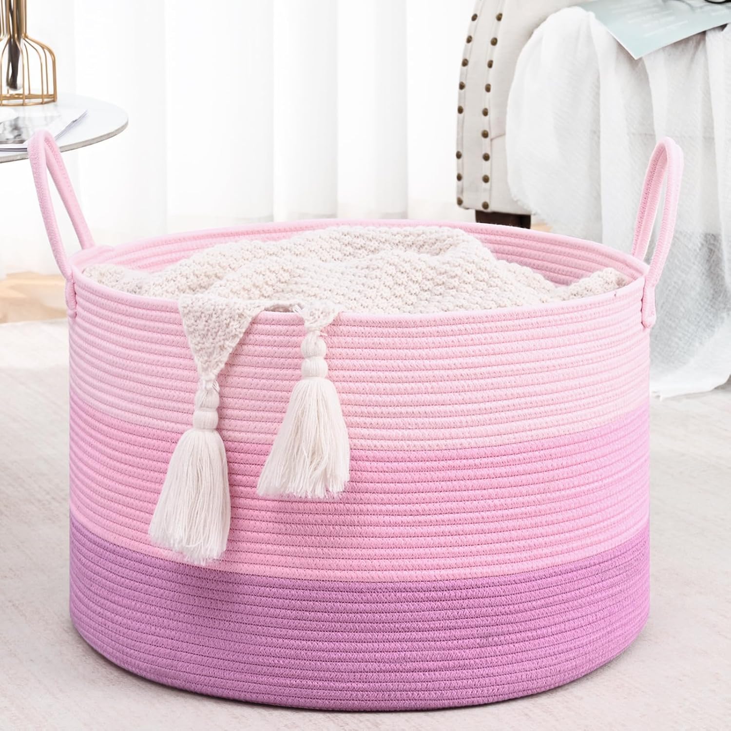 Extra Large Toy Basket, 20"x13" Kids Toy Storage for Playroom Classroom Nursery, Woven Rope Blanket Basket with Handles, Stuffed Animal Organizer & Dog Toys Basket, Pink