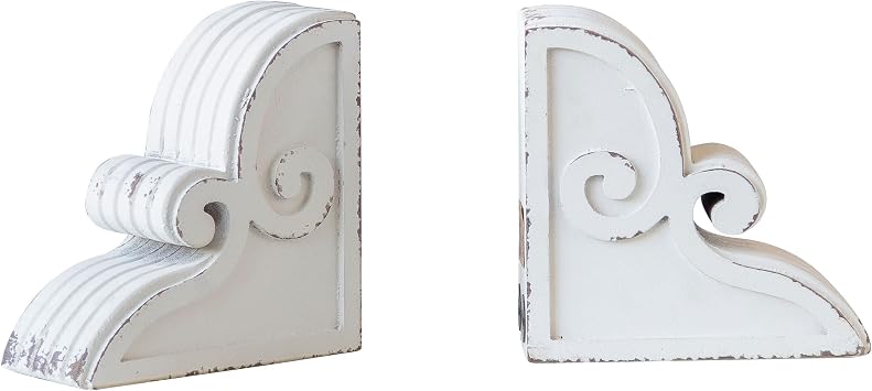 SOFE 1 Pair Distressed White Decorative Bookends, Shabby Chic Vintage Farmhouse Wood Bookends, Rustic Corbels Shelf Brackets, Bookend for Heavy Books, Book Ends for Office, Home Decoration and Gift
