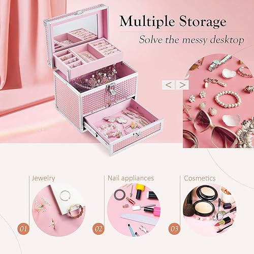 Miniatura 3 de Hododou Joyero organizador para niñas con cajón y espejo estuche de almacenamiento con cerradura estilo rosa brillante para niños o niñas pequeñas