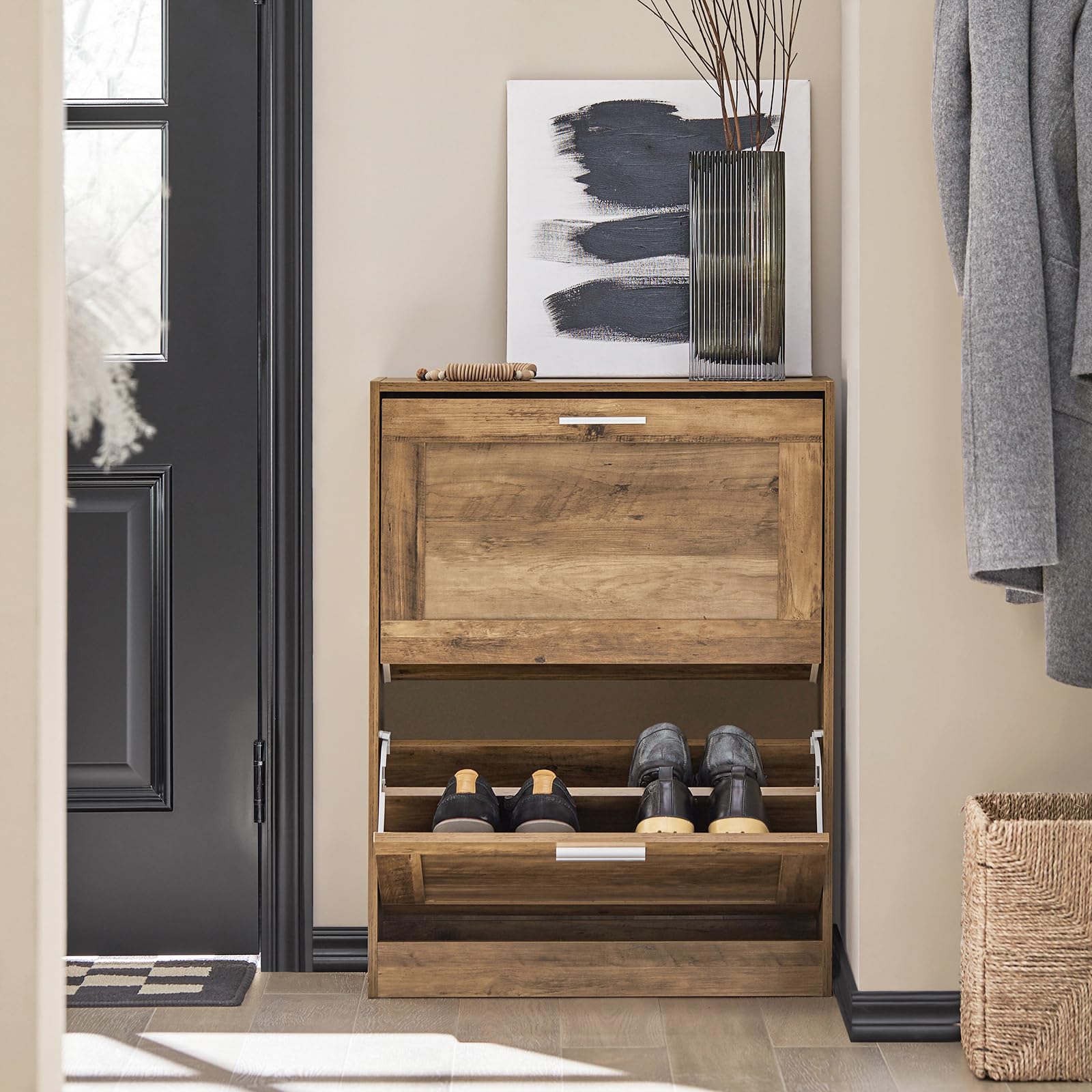 SoBuy Meuble Chaussures avec 2 abattants 60x23x79cm pour entrée | Armoire à chaussures fine avec séparateurs ajustables, MDF/PB E1, anti-basculement, dos semi-ouvert, bois foncé FSR137-F