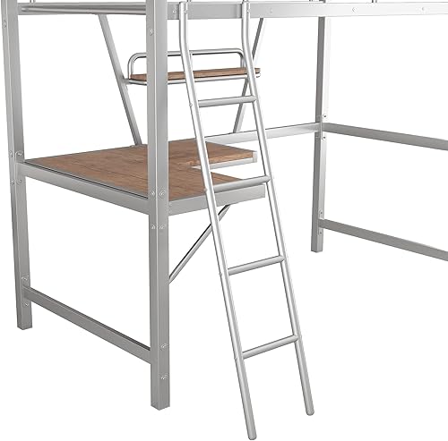 Miniatura 6 de Anwick Cama tipo loft de metal individual con escritorio y estante, resistente, ahorro de espacio, barandilla de seguridad, no necesita somier