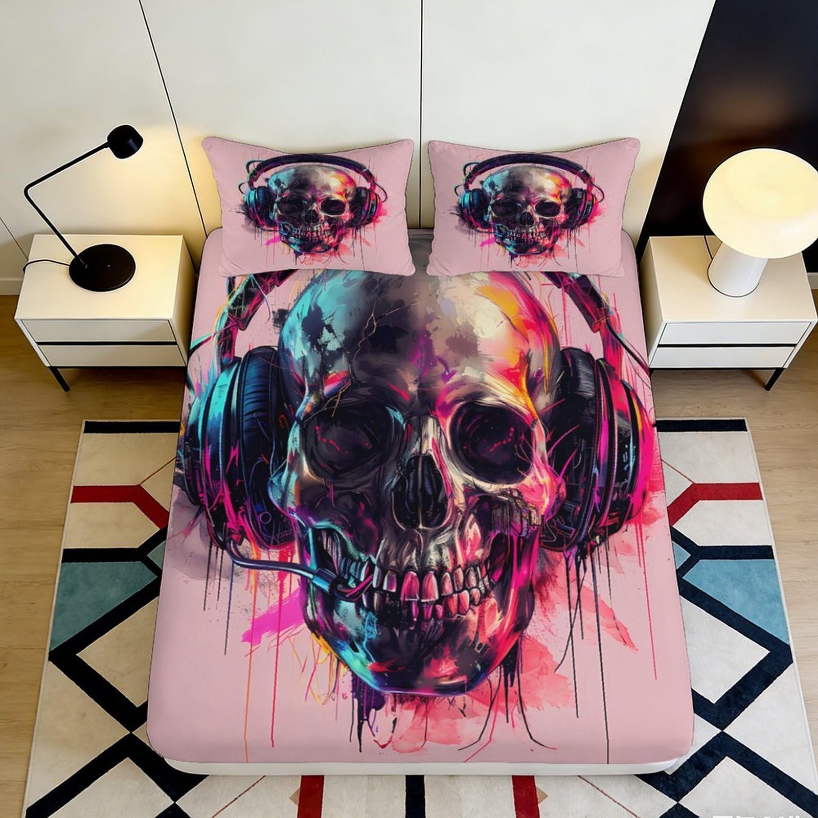 3D Printed Skull Headphones Fitted Sheet Microfiber Soft Breathable Graffiti Art Bed Cover for Bedroom Decor 90x200x25cm