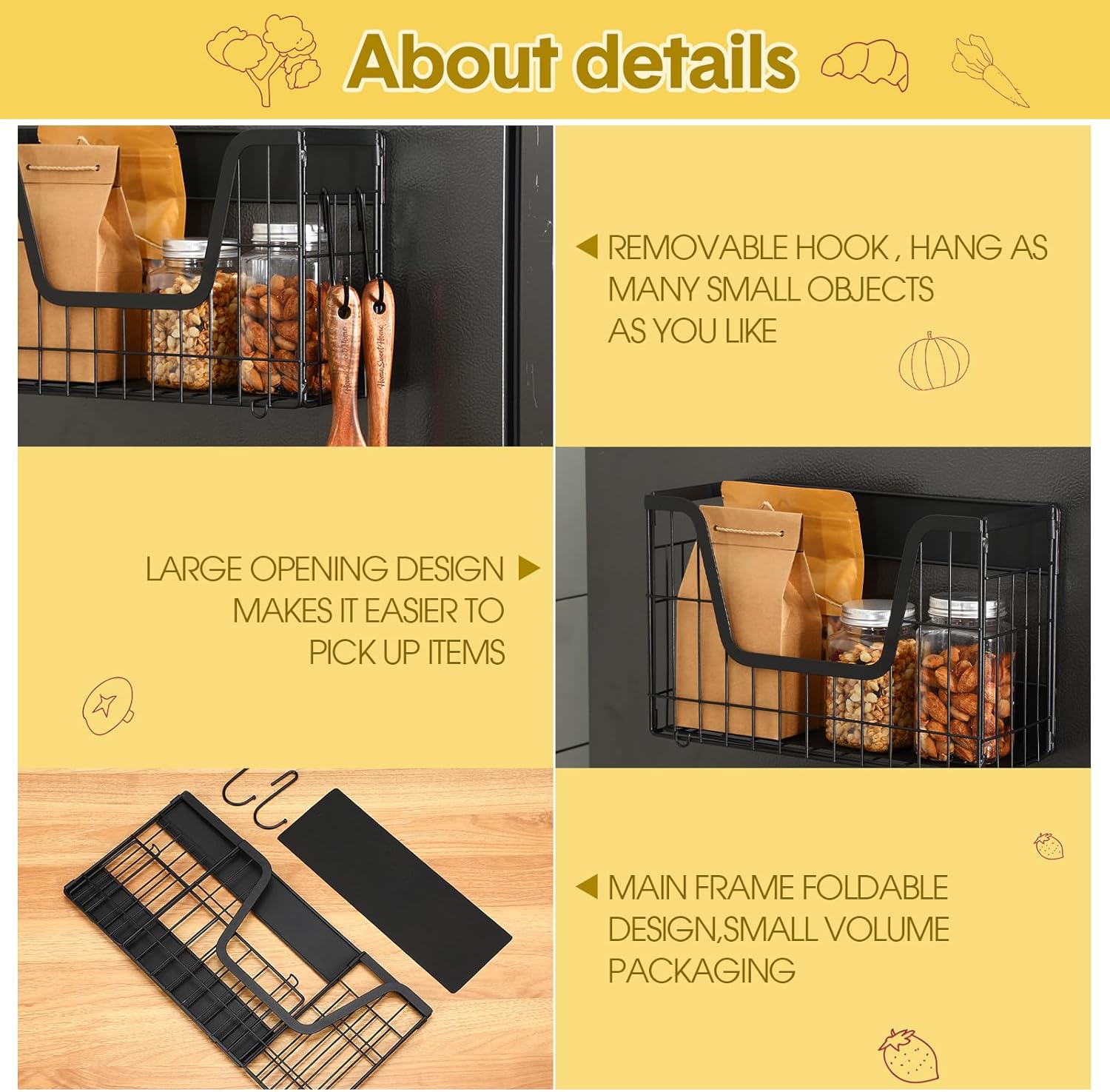 2 Set Magnetic Shelf for Fridge, Fruit Potato and Onion Storage Bins, Pantry Organizers & Storage, Large Magnetic Container Basket Spice Rack for Refrigerator, Kitchen Counter, Cabinet