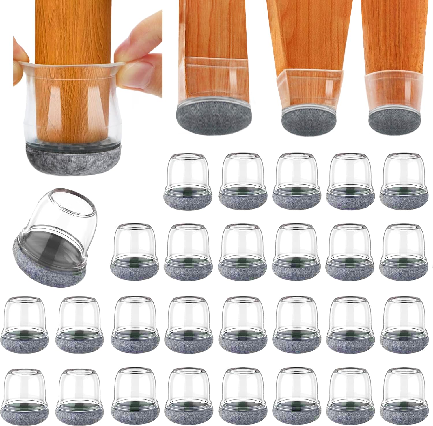 ONEBOOM Protector Patas Sillas 32Piezas,Pequeño Protectores Patas Sillas, Transparencia Tapones Sillas Patas Redondas con Fieltro Envuelto, Protector Suelo Silla para Suelos de Madera Dura (12-20 mm)