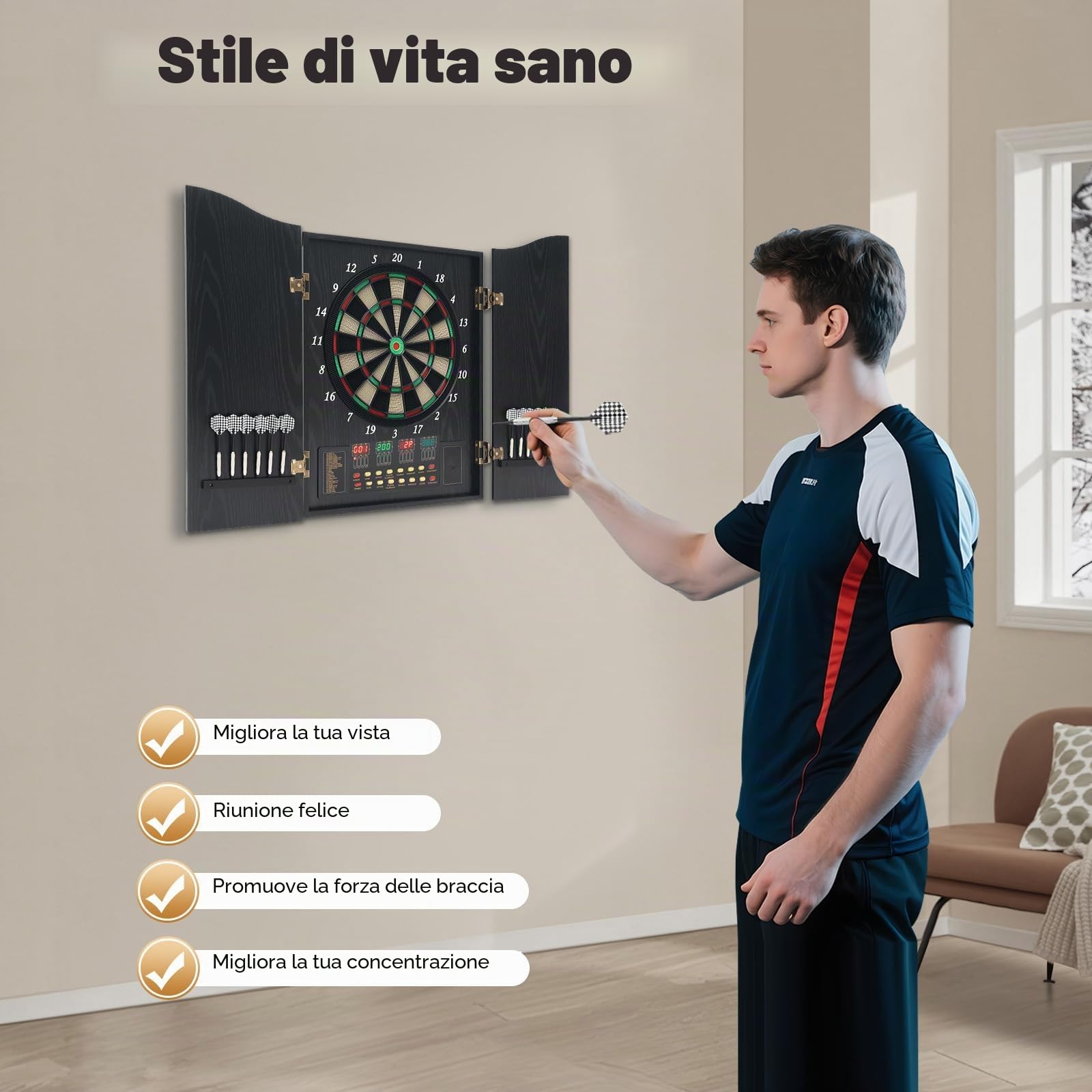 Set di 4 indicatori LED e 12 freccette con 88 freccette e 27 categorie e 243 sottocategorie, da 1 a 16 giocatori
