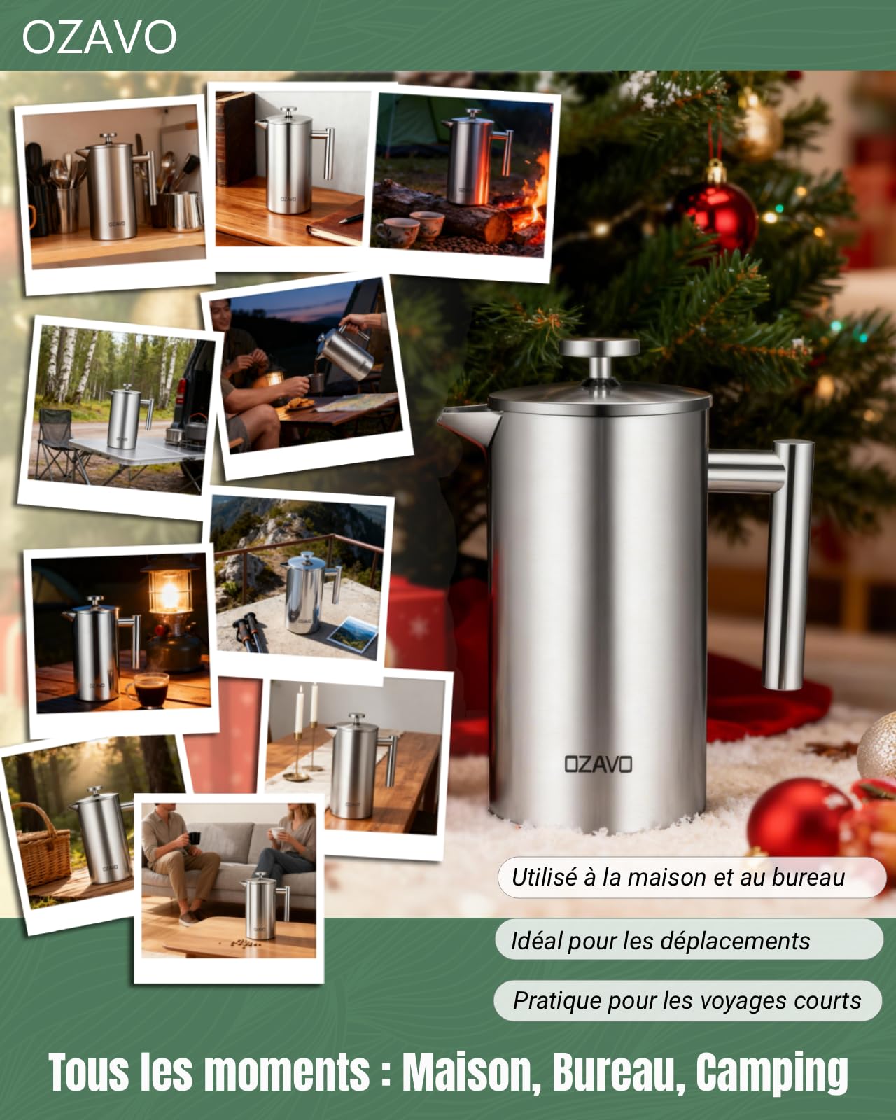 Caffettiere a Pistone Caffettiera Francese in Acciaio Inox, Capacità 1 L per 8 Tazze French Press Caffè, con 5 Filtri di Ricambio