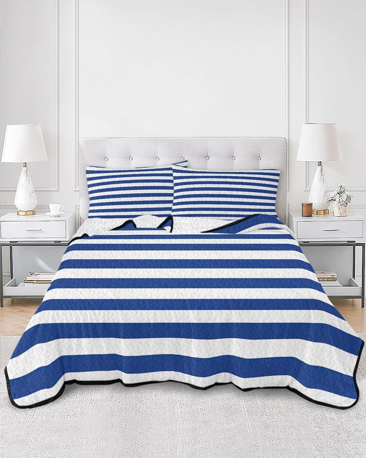King Size Quilt Set, Navy Stripe Lightweight Bedspread Coverlet Set Soft Microfiber Summer Quilt with 2 Pillow Shams, Blue and White 3 Piece Comforter Bedding Set