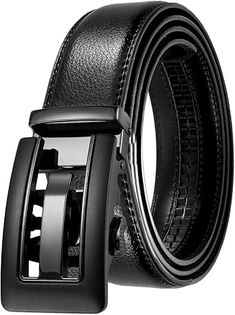 JINIU Mens Ratchet Belt Buckle, Black Genuine Leather Slide Belt for Men Dress Suit, Micro Adjustable Trim to Fit Boxed