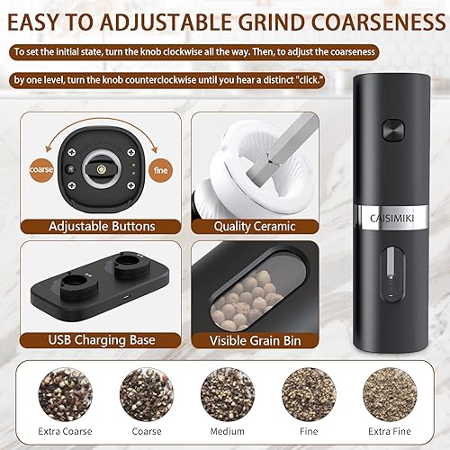 Miniatura 3 de Juego de molinillo eléctrico de sal y pimienta 2 en 1 USB automático con baterías recargables y base de carga, grosor ajustable, operado con una