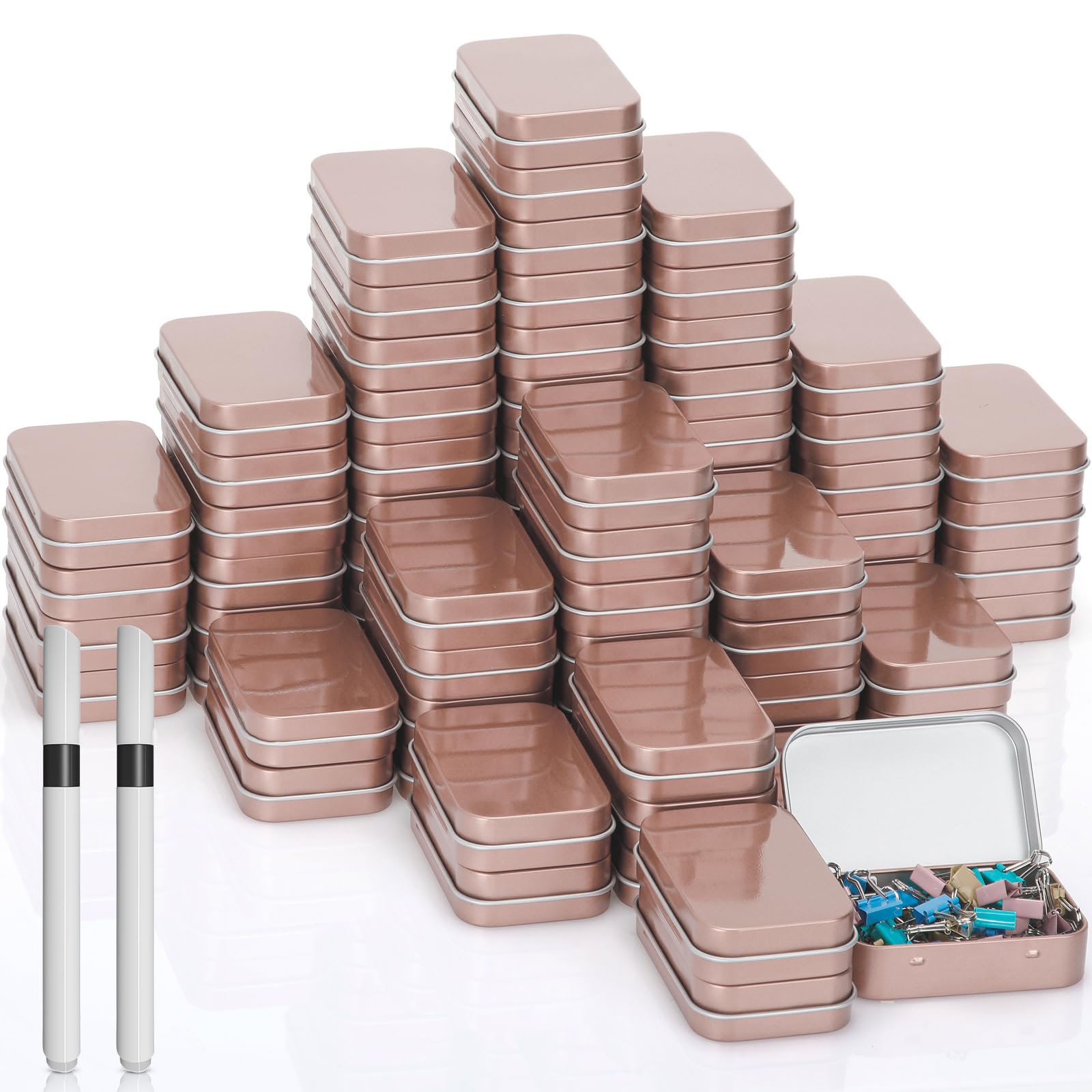 meekoo 162 Pcs Metal Small Tins with Lids Empty Rectangular Hinged Tins Storage Container Kit Includes 80 Tin Box 3.7 x 2.4 x 0.8 Home Organizers with Lid 80 Adhesive Tags 2 Black Pen(Rose Gold)