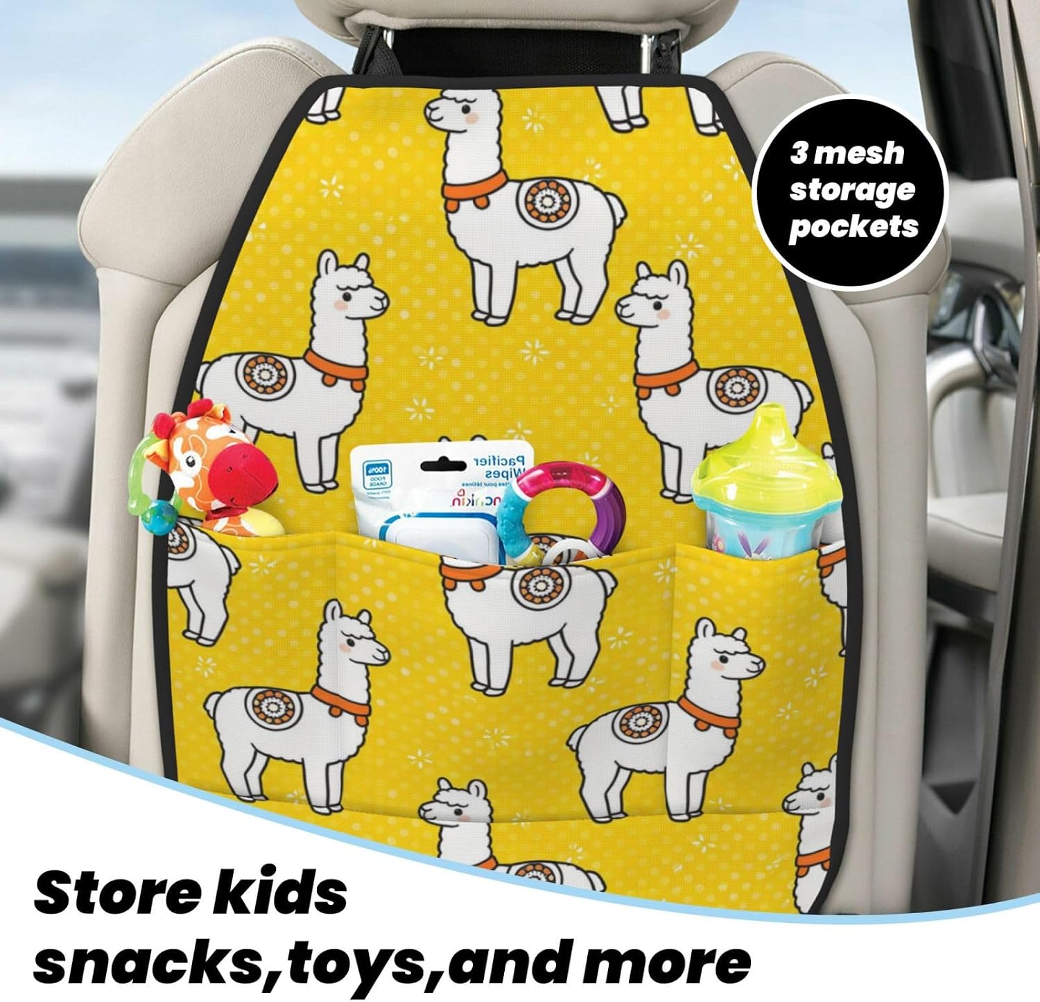 Yellow Alpaca Pattern Car Seat Back Kick Protector 2 Pack, 18.5x26.4 Inch Anti-Kick Pad, Waterproof Oxford Fabric Large Rear Seat Cover for Kids Pets Fits SUV Jeep Truck Sedan