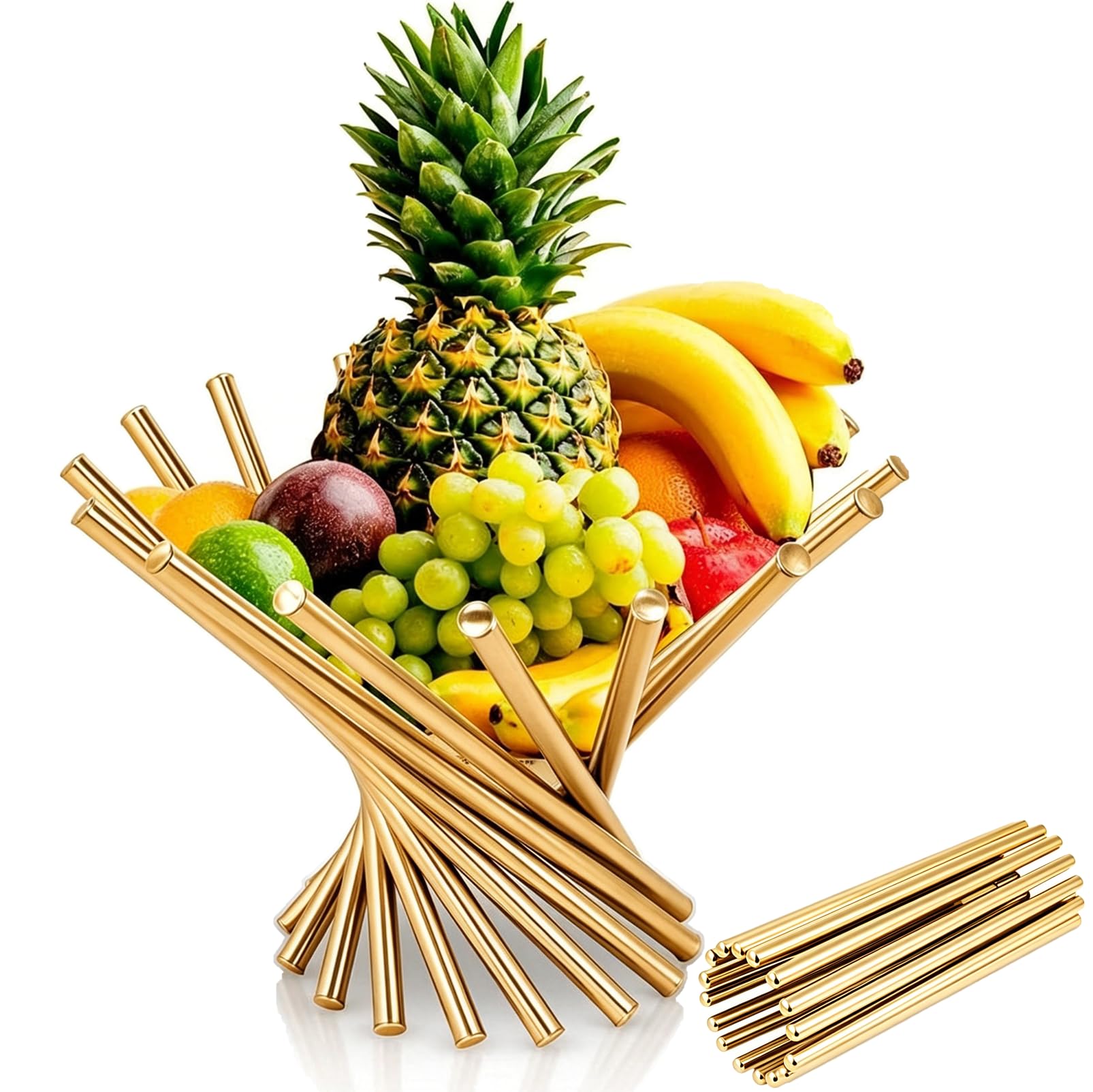 JDF3EE Fruit Bowl Modern,Countertop Fruit Tray,Gold Bowls Decorative,Large Fruit Baskets, Foldable, Stainless Steel, for Kitchen, Camping, Table, Patio Use(Gold)