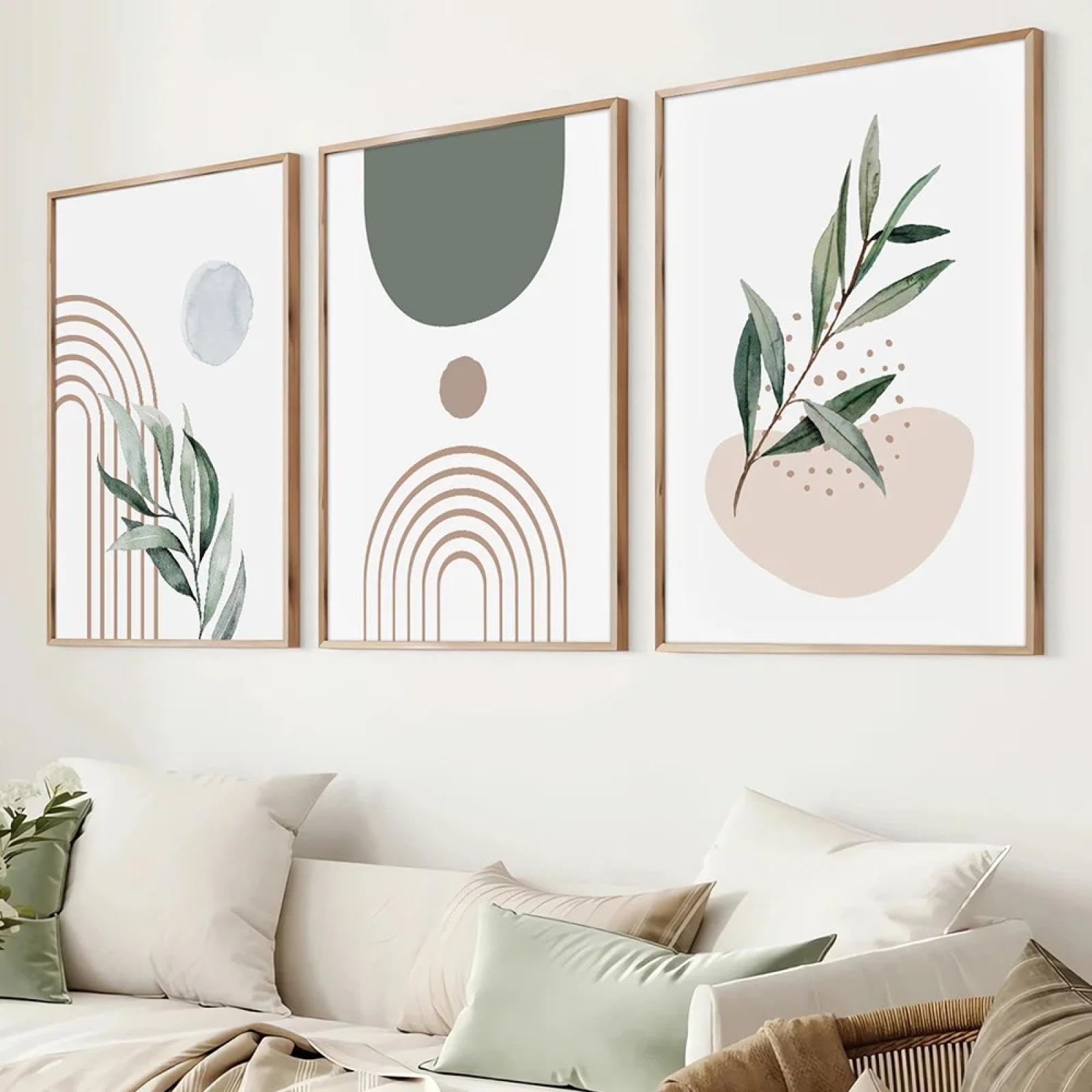 XINBAO Póster abstracto retro bohemio de mediados de siglo, impresión en lienzo, gráficos geométricos verdes, pintura de hojas botánicas, cuadro artístico para pared, 70 x 100 cm x 3, sin marco