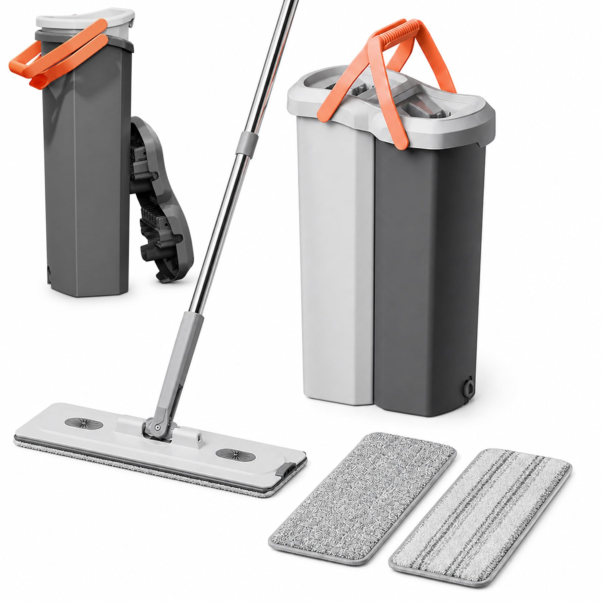 Mopa Fregona con Cubo Escurridor Doble, Sistema Separado de Agua Limpia y Sucia, Cubos Desmontables, 2 Mopas Microfibra, Fregona Plana para Todo Tipo de Suelos