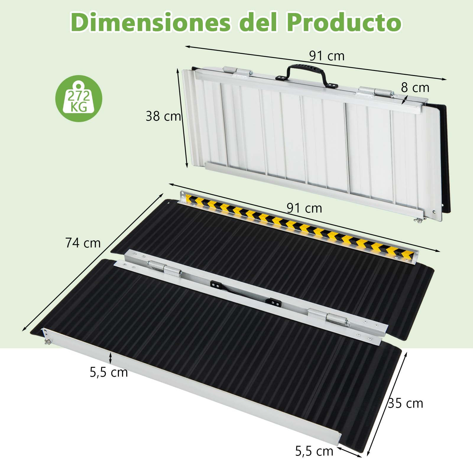 COSTWAY Rampa Portátil de Aluminio para Silla de Ruedas, Rampas Plegables con Placa de Transición y Superficie Antideslizante para Umbrales Escaleras (91 cm)