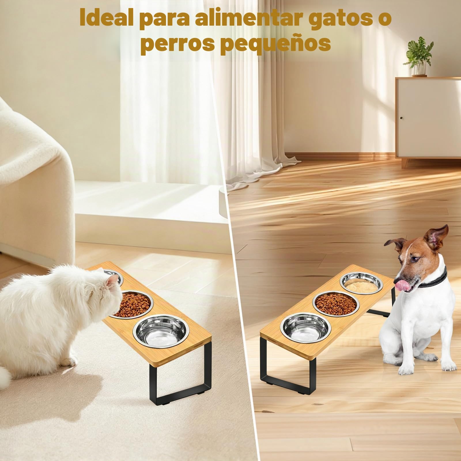 Comedero Gato Elevado con Antideslizante Alfombrilla & Soporte, 3 Comederos Gatos Acero Inoxidable Inclinado 15°, Cuenco Perro Alimentos Agua Bebedero Elevados Antivómitos para Gatos, Perros Pequeños