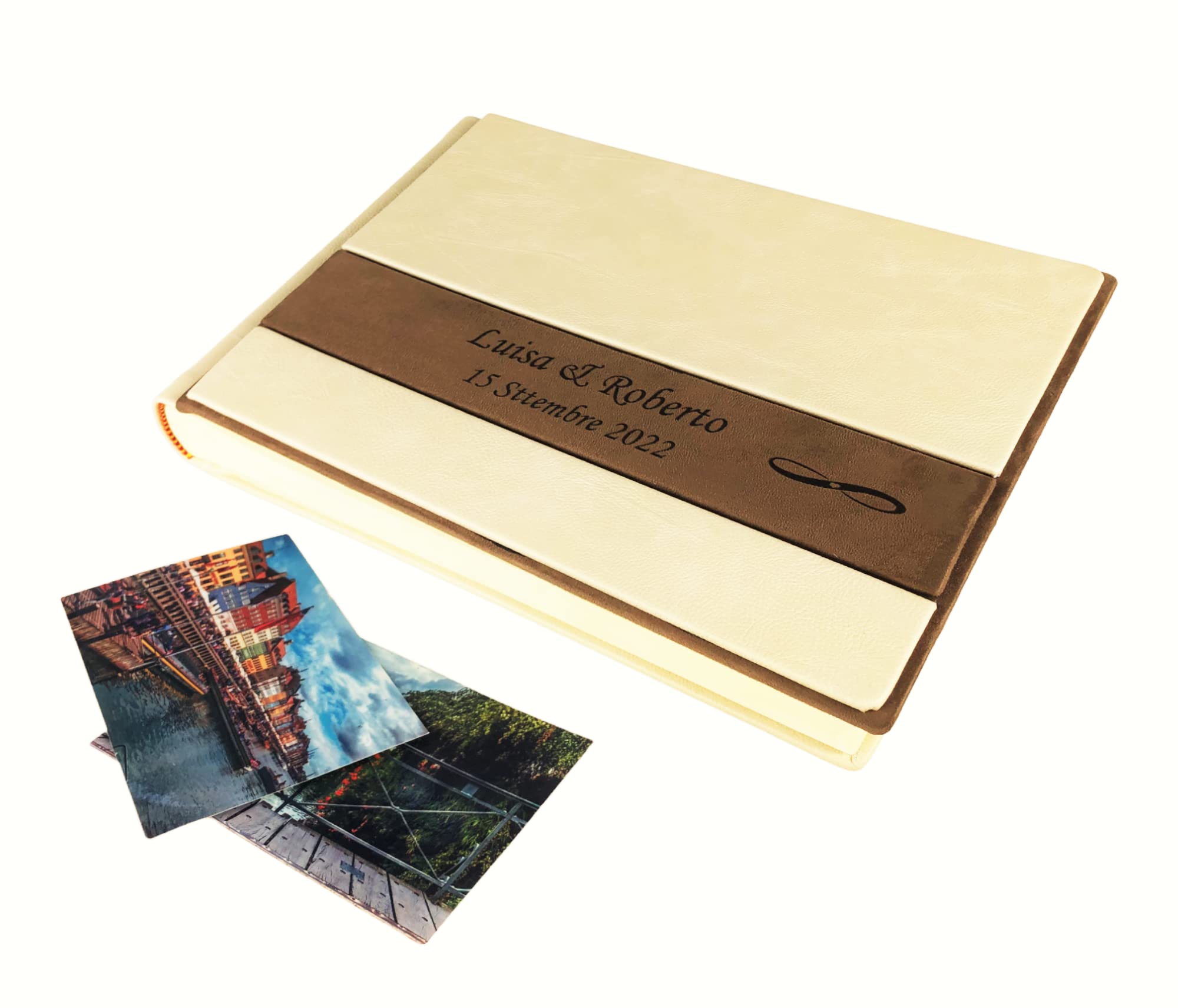 TriVin Art Album Fotografico Artigianale in Alcantara e Similpelle, Personalizzabile con Incisione. Ideale per Qualsiasi Evento. (Beige/Camel)