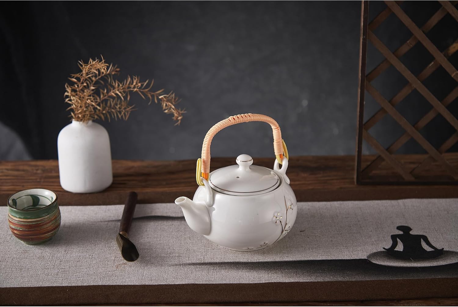 DUJUST Japanese Tea Pot, White Porcelain Chinese Teapot with Stainless Infuser, Cute Tea Pot for Adults, Tea Lover/Women/Men (Plum in Golden)
