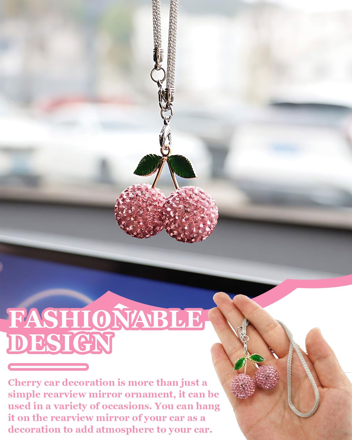 Ornamento da Appendere per Auto, decorazioni macchina，Strass Eleganti Appendere per Auto ciliegia Accessori per Auto Estetica Interna Accessori per Specchietto Retrovisore per Donne